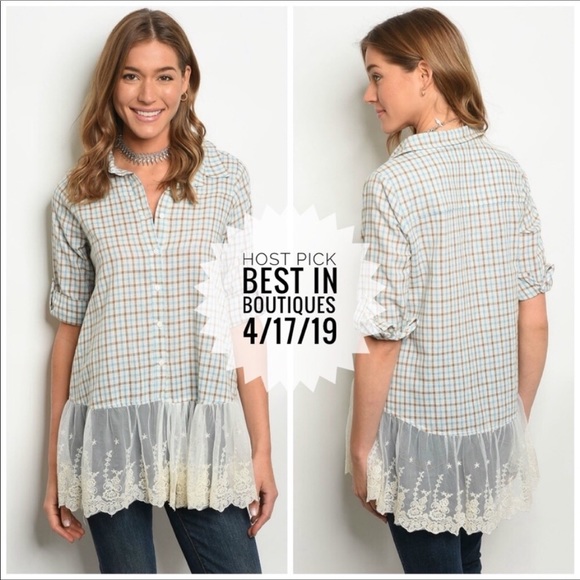 🎉HP!🎉 Checked Button Down w/Lace - Picture 3 of 7
